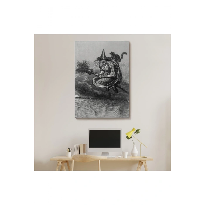 Süpürge ile Uçan Yaşlı Cadı ve Kedisi, Cadılar Bayramı Hediyesi, Hellowen Tablo -6304