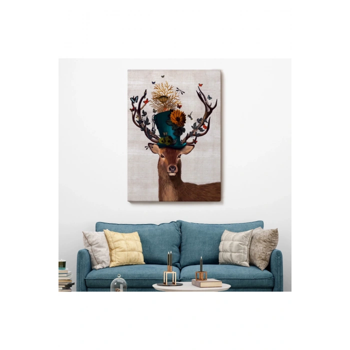 Sürreal Şapkalı Geyik Dekoratif Duvar Tablosu-6468