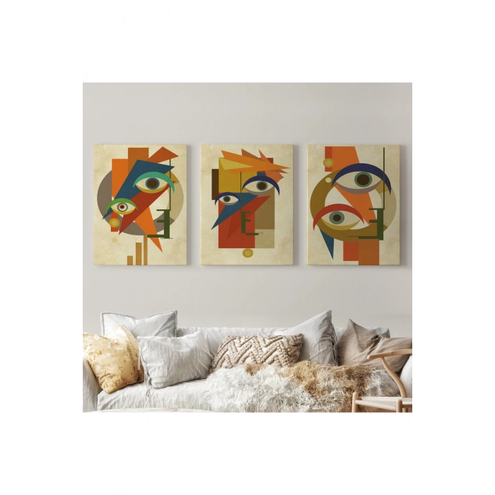 Sürreal Soyut Yüzler Dekoratif Duvar Tablosu Üçlü Set-DN-90