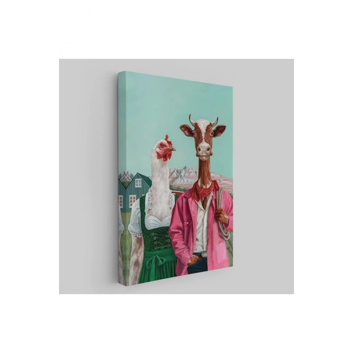 Tavuk ve İnek Amerikan Gotik Komik Çiftlik Tablosu-6349