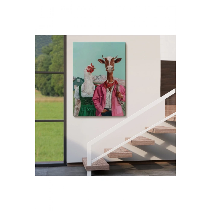 Tavuk ve İnek Amerikan Gotik Komik Çiftlik Tablosu-6349