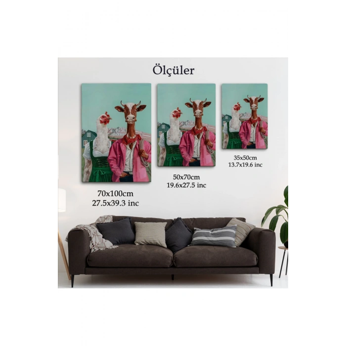 Tavuk ve İnek Amerikan Gotik Komik Çiftlik Tablosu-6349