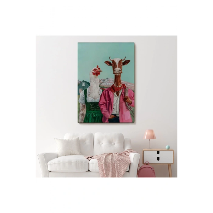 Tavuk ve İnek Amerikan Gotik Komik Çiftlik Tablosu-6349