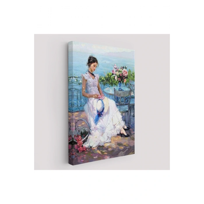 Terastaki Beyaz Elbiseli Güzel Kadın Tablosu-6273