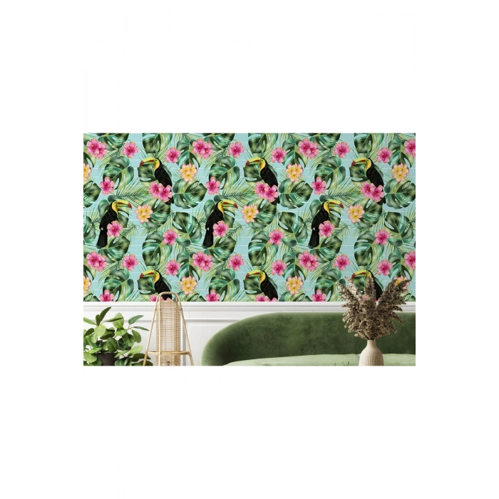 Tropikal Çiçekli Ağaç Yaprakları Duvar Kağıdı-5568
