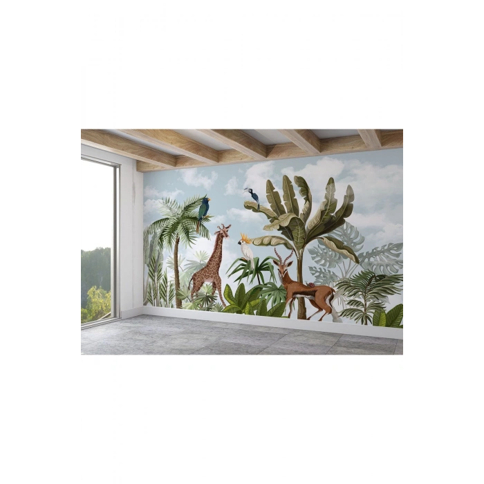 Tropikal Orman Bitkileri ve Hayvanlar Çocuk Odası Duvar Kağıdı-5625