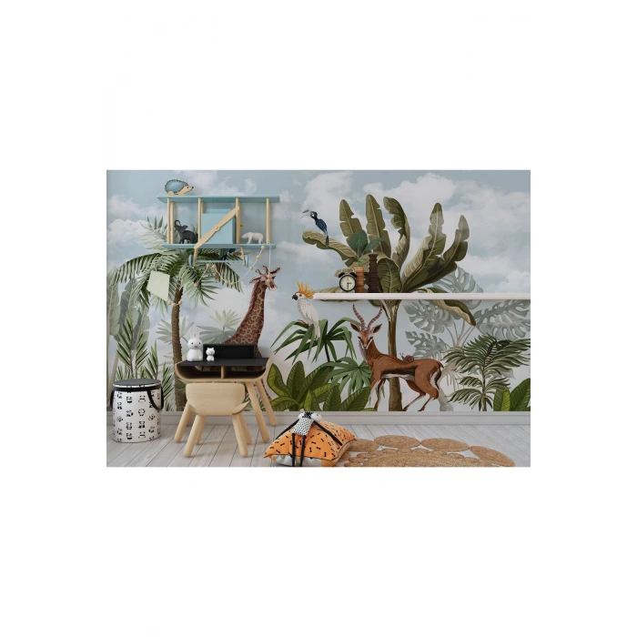 Tropikal Orman Bitkileri ve Hayvanlar Çocuk Odası Duvar Kağıdı-5625