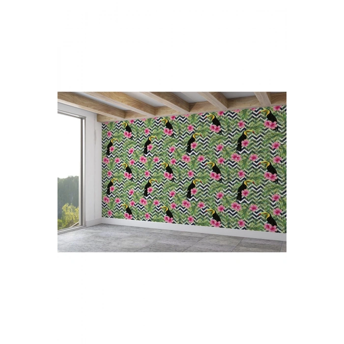 Tropikal Papağanlar Çiçekli Ağaç Yaprakları Duvar Kağıdı-5569