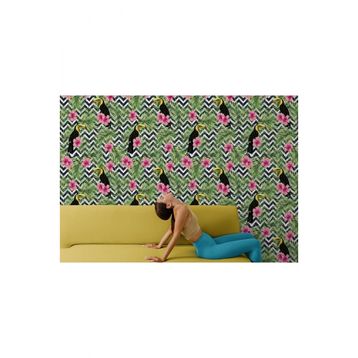 Tropikal Papağanlar Çiçekli Ağaç Yaprakları Duvar Kağıdı-5569