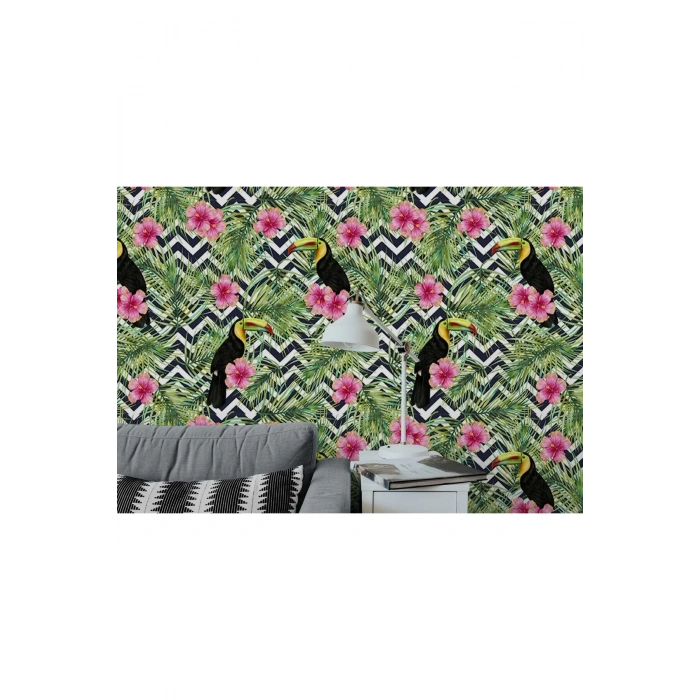 Tropikal Papağanlar Çiçekli Ağaç Yaprakları Duvar Kağıdı-5569