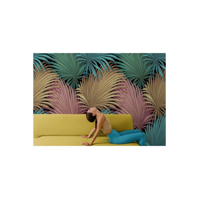 Tropikal Renkli Yaprak Desenli Duvar Kağıdı-5636