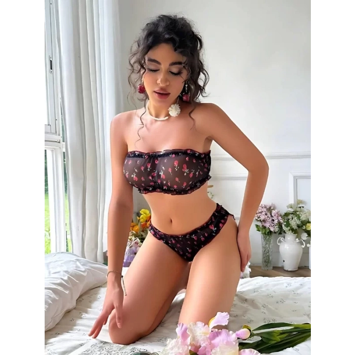 Tül Detay Büstiyer Alt Takım Set Desenli
