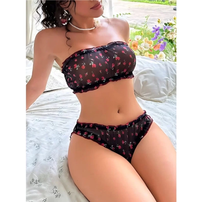 Tül Detay Büstiyer Alt Takım Set Desenli