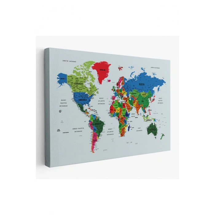 Türkçe Detaylı Dünya Haritası Dekoratif Renkli Zeminli Kanvas Tablo 1703