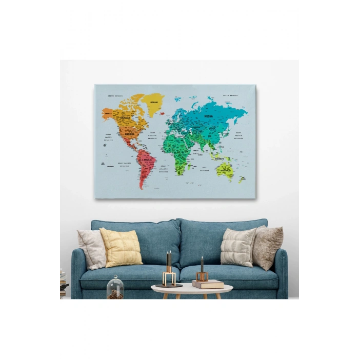 Türkçe Detaylı Dünya Haritası Dekoratif Renkli Zeminli Kanvas Tablo 1709