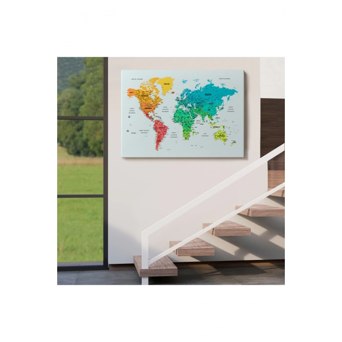 Türkçe Detaylı Dünya Haritası Dekoratif Renkli Zeminli Kanvas Tablo 1709