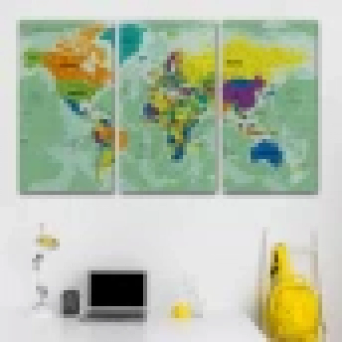 Türkçe Dünya Haritası Ayrıntılı Eğitici-Öğretici Okyanuslu Dekoratif Kanvas Tablo 2502