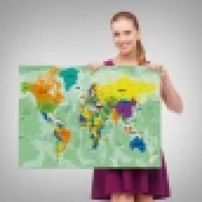 Türkçe Dünya Haritası Ayrıntılı Eğitici-Öğretici Okyanuslu Dekoratif Kanvas Tablo 2502