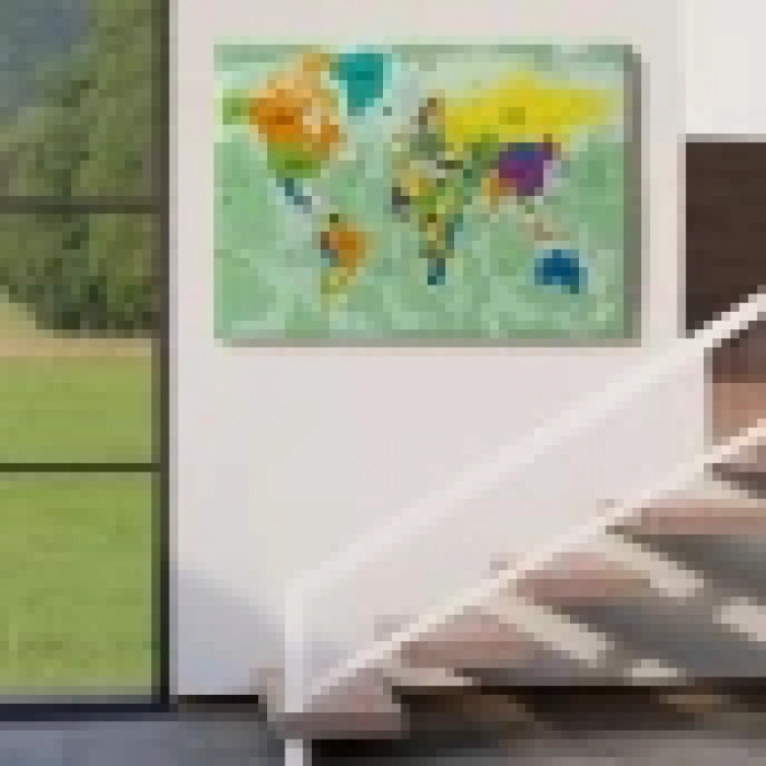 Türkçe Dünya Haritası Ayrıntılı Eğitici-Öğretici Okyanuslu Dekoratif Kanvas Tablo 2502