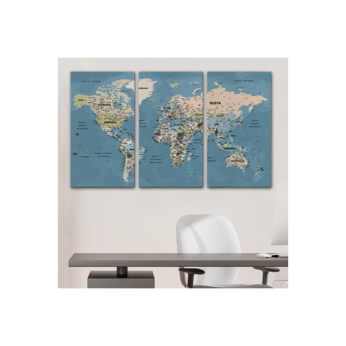 Türkçe Dünya Haritası Ayrıntılı Eğitici-öğretici Okyanuslu Dekoratif Kanvas Tablo 2522
