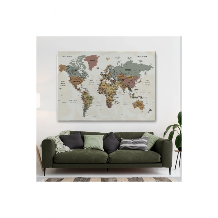 Türkçe Dünya Haritası Ayrıntılı Eğitici-Öğretici Okyanuslu Dekoratif Kanvas Tablo 2550