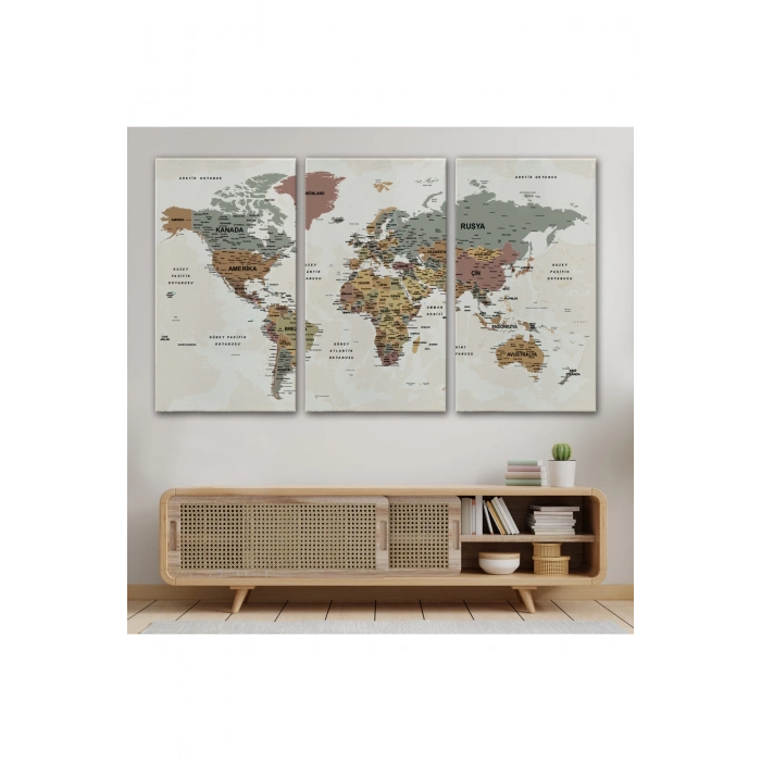 Türkçe Dünya Haritası Ayrıntılı Eğitici-Öğretici Okyanuslu Dekoratif Kanvas Tablo 2550