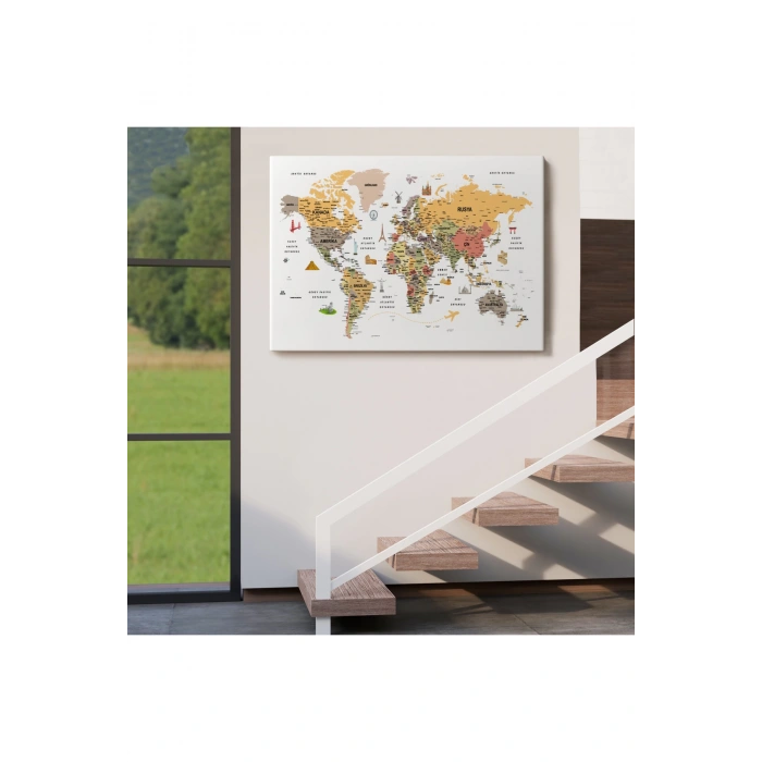 Türkçe Dünya Haritası  Ayrıntılı Eğitici-Öğretici ve Sembollü Dekoratif Kanvas Tablo 3200