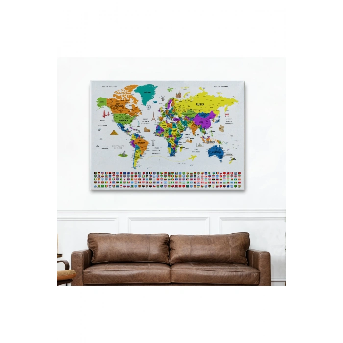 Türkçe Dünya Haritası Ayrıntılı Eğitici  Sembollü Bayraklı Dekoratif Kanvas Tablo 2832