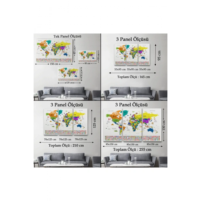 Türkçe Dünya Haritası Ayrıntılı Eğitici  Sembollü Bayraklı Dekoratif Kanvas Tablo 2832