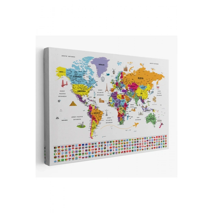 Türkçe Dünya Haritası Ayrıntılı Eğitici  Sembollü Bayraklı Dekoratif Kanvas Tablo 2834