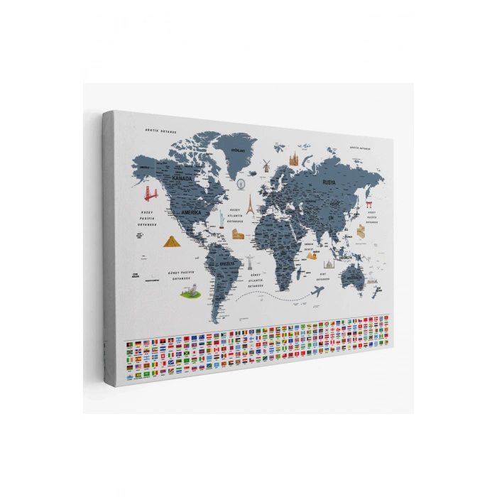 Türkçe Dünya Haritası Ayrıntılı Eğitici  Sembollü Bayraklı Dekoratif Kanvas Tablo 2842