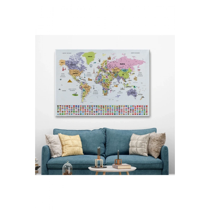 Türkçe Dünya Haritası Ayrıntılı Eğitici  Sembollü Bayraklı Dekoratif Kanvas Tablo 2846