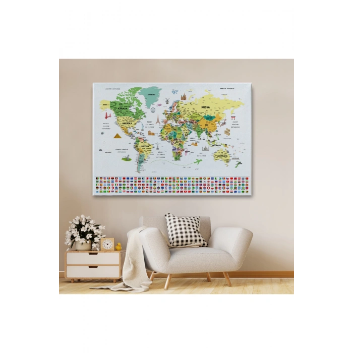 Türkçe Dünya Haritası Ayrıntılı Eğitici  Sembollü Bayraklı Dekoratif Kanvas Tablo 2848