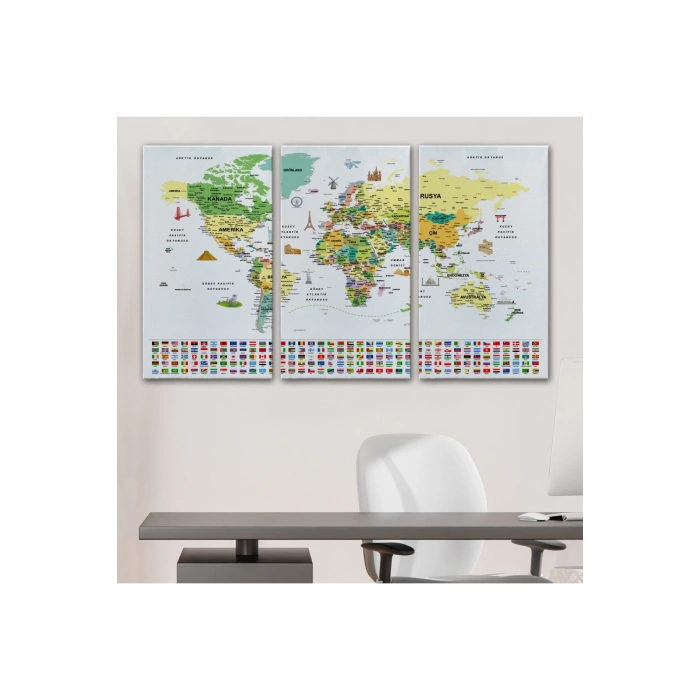 Türkçe Dünya Haritası Ayrıntılı Eğitici  Sembollü Bayraklı Dekoratif Kanvas Tablo 2848