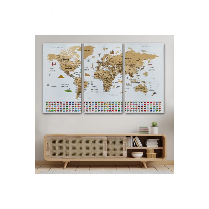 Türkçe Dünya Haritası Ayrıntılı Eğitici  Sembollü Bayraklı Dekoratif Kanvas Tablo 2874