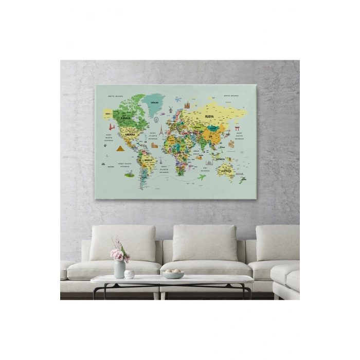 Türkçe Dünya Haritası Çok Detaylı Ünlü Yerler Sembollü Kanvas Tablo 1741