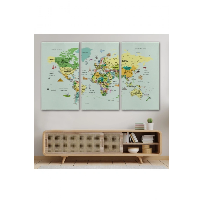 Türkçe Dünya Haritası Çok Detaylı Ünlü Yerler Sembollü Kanvas Tablo 1741