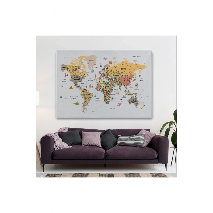 Türkçe Dünya Haritası Çok Detaylı Ünlü Yerler Sembollü Kanvas Tablo 1747