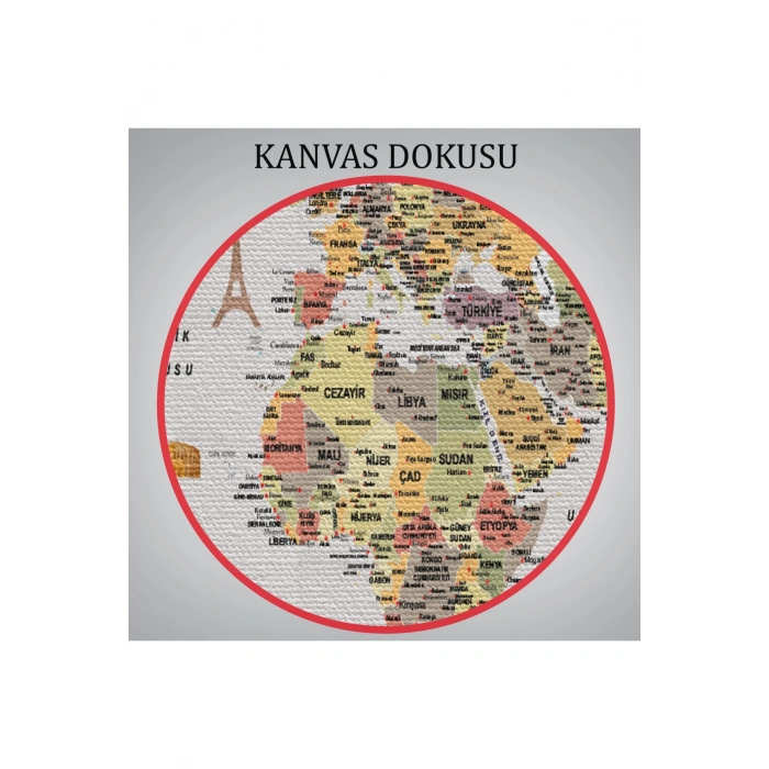 Türkçe Dünya Haritası Çok Detaylı Ünlü Yerler Sembollü Kanvas Tablo 1747