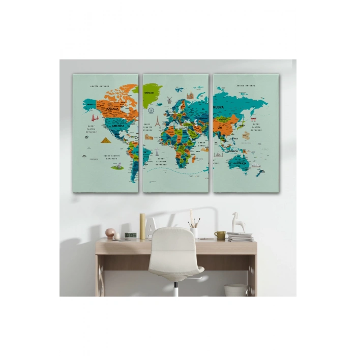Türkçe Dünya Haritası Çok Detaylı Ünlü Yerler Sembollü Kanvas Tablo 1749