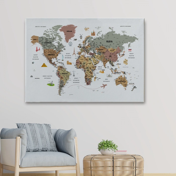 Türkçe Dünya Haritası Çok Detaylı Ünlü Yerler Sembollü Kanvas Tablo 1773