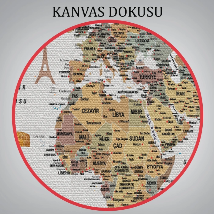 Türkçe Dünya Haritası Çok Detaylı Ünlü Yerler Sembollü Kanvas Tablo 1773