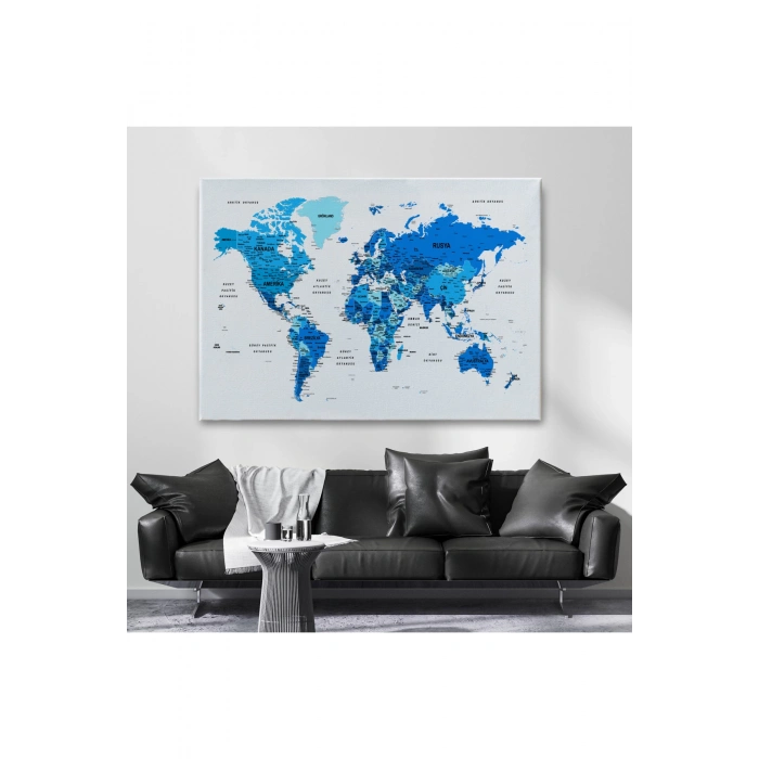 Türkçe Dünya Haritası Dekoratif Kanvas Tablo Son Derece Detaylı 1608