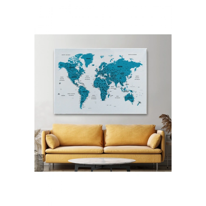 Türkçe Dünya Haritası Dekoratif Kanvas Tablo Son Derece Detaylı 1609