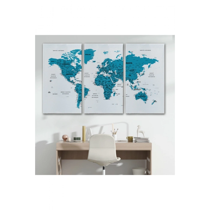 Türkçe Dünya Haritası Dekoratif Kanvas Tablo Son Derece Detaylı 1609