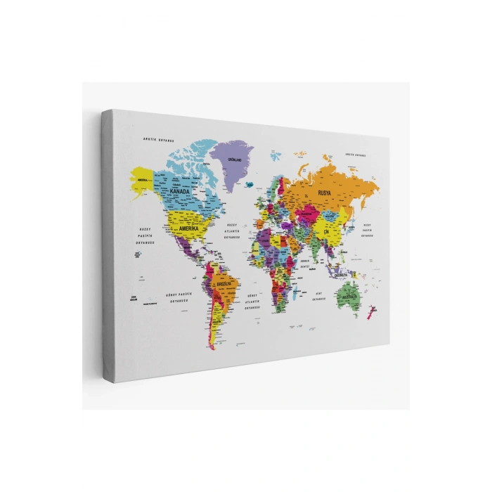 Türkçe Dünya Haritası Dekoratif Kanvas Tablo Son Derece Detaylı 1611