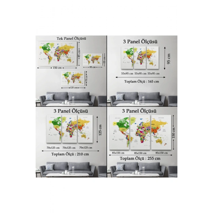 Türkçe Dünya Haritası Dekoratif Kanvas Tablo Son Derece Detaylı 1614