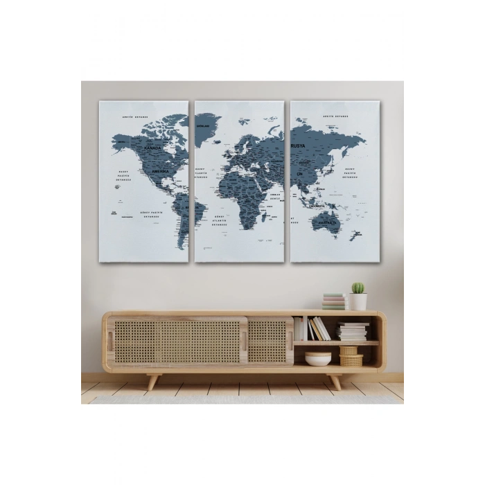 Türkçe Dünya Haritası Dekoratif Kanvas Tablo Son Derece Detaylı 1615
