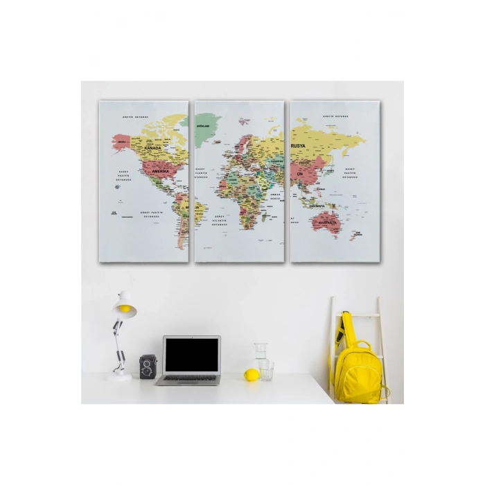 Türkçe Dünya Haritası Dekoratif Kanvas Tablo Son Derece Detaylı 1626
