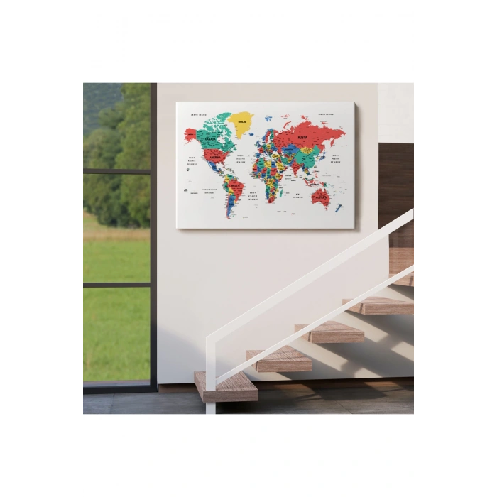 Türkçe Dünya Haritası Dekoratif Kanvas Tablo Son Derece Detaylı 1627